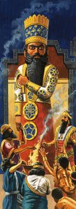 Obrzędy religijne odprawiane przed pozłacanym posągiem boga Marduka autorstwa Roger Payne