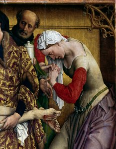 Osadzanie lub zejście krzyża. Szczegóły Sainte Marie Madeleine. Ołtarz Rogiera (Roger) Van Der Weyden (1400-1464) 1435 wym. 2,20 x 0,35 m Madryt, Musee du Prado - Osadzanie lub zejście z krzyża. Szczegóły św. Marii Magdaleny. Ołtarz autorstwa Rogier van der Weyden