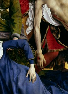 Osadzanie lub zejście krzyża. Szczegół ręki zaginionej dziewicy i ręki Chrystusa. Ołtarz Rogiera (Roger) Van Der Weyden (1400-1464) 1435 wym. 2,20 x 0,35 m Madryt, Muzeum Prado