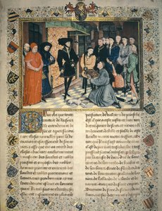Jean Wauquelin (zm. 1452) przedstawia tłumaczenie kronik Hainaut dla Filipa III Burgundii autorstwa Rogier van der Weyden