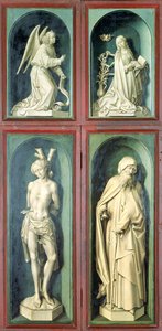Zwiastowanie, św. Sebastian, św. Antoni Wielki i dwaj Darczyńcy, panele z rewersu Sądu Ostatecznego, ok. 1445-50 (olej na panelu) autorstwa Rogier van der Weyden