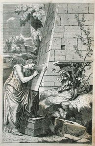 Klasyczna scena architekta przy pracy, ilustracja z „Równoległości architektury starożytnej z nowoczesnością” Chambray wydanej w 1723 r. (rycina) autorstwa Roland (after) Freart de Chambray