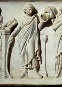 Muza trzymająca maskę komedii, fragment Sarkofagu Muz: przedstawienie muz sztuki i liter. Rzeźba z marmuru. 150 n.e. Paryż, Luwr. autorstwa Roman
