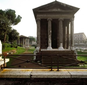 Starożytny Rzym: widok na Tempio di Portuno (Świątynia Portunusa lub świątynia męskiej fortuny) w pobliżu placu Ujścia Prawdy (Bocca della verita) II-I wiek p.n.e. Rzym autorstwa Roman