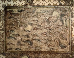 Sztuka rzymska: mozaika ryb. Początek III wieku. Tarragona. Narodowe Muzeum Archeologiczne. autorstwa Roman