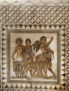 Bachus w rydwanie ciągniętym przez tygrysy, III w. (mozaika) autorstwa Roman