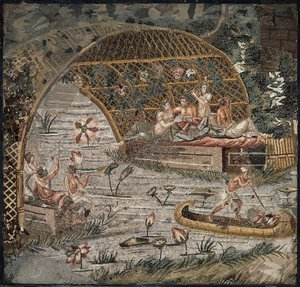 Bankiet pod pergolą w pobliżu Nilu - Fragment mozaiki nilowej Palestriny - III wiek pne - Mozaika Nilu Palestrina - III wiek pne, 95x102 cm - Staatliche Museen, Berlin autorstwa Roman