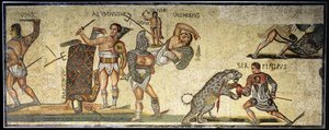 Bitwa gladiatorów i dzikich kotów, 320 AD (mozaika) autorstwa Roman