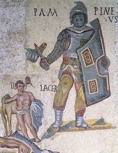 Bitwa gladiatorów, detal przedstawiający gladiatora uzbrojonego w sztylet i tarczę, 320 r. n.e. (mozaika) autorstwa Roman