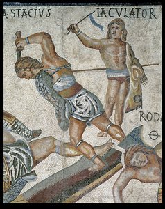Bitwa gladiatorów, detal przedstawiający walczącego gladiatora i zwycięskiego gladiatora, 320 r. n.e. (mozaika) autorstwa Roman