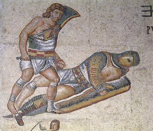 Bitwa między gladiatorami, detal przedstawiający gladiatora przygważdżającego innego do ziemi, 320 r. n.e. (mozaika) autorstwa Roman