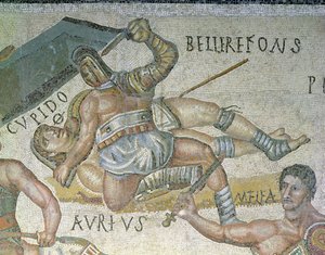 Bitwa gladiatorów, fragment gladiatora przygważdżającego drugiego do ziemi, 320 AD (mozaika) autorstwa Roman