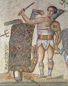 Bitwa między gladiatorami, detal przedstawiający zwycięskiego gladiatora, 320 n.e. (mozaika) autorstwa Roman