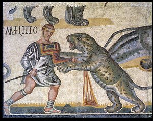 Bitwa gladiatorów przeciwko żbikom, szczegół przedstawiający gladiatora biegnącego przez żbika, 320 ne (mozaika) autorstwa Roman