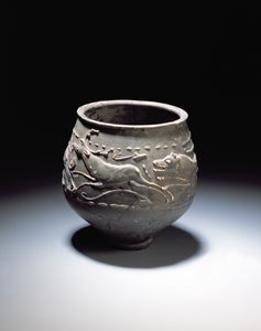 Zlewka ozdobiona sceną polowania przedstawiającą jelenie, łanie i psy, z rzymskiego stanowiska w Newstead, Melrose, 140-80 AD (wyroby kolorowe powlekane) autorstwa Roman