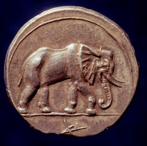 Cywilizacja kartagińska: medal przedstawiający słonia, który pozwolił generałowi Kartaginy Hannibalowi (247-183 p.n.e.) przekroczyć Alpy w 218 p.n.e. podczas drugiej wojny punickiej. III wiek p.n.e. Paryż, B.N. autorstwa Roman
