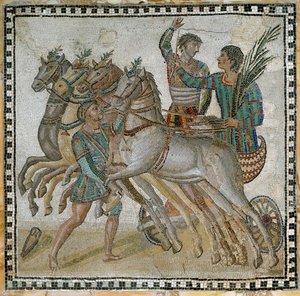 Wyścig rydwanów (quadriga) z woźnicami w pozycji wyjściowej i luzakiem przy białym koniu (na pierwszym planie) - Mozaika, III w. autorstwa Roman