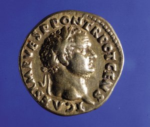 Moneta z podobizną cesarza rzymskiego Tytusa (40 - 81). Zbiór mediolańskiego medalu. autorstwa Roman