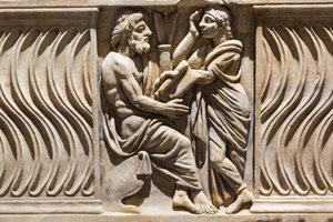 Dekoracja na sarkofagu, wizerunek filozofa i muzy (marmur) autorstwa Roman
