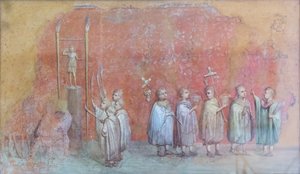 Fresk fragment kalendarza przedstawiający dzieci w procesji, prawdopodobnie obchody urodzin cesarza Sewera i przedstawiający miesiąc kwiecień, III wiek n.e. (fresk) autorstwa Roman