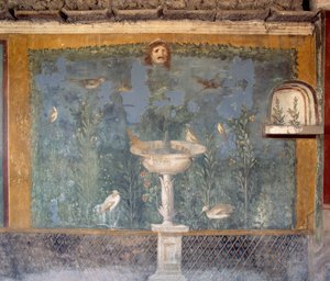 Fresk z fontanną, maską i ptakami, Dom Wenus w Muszli, Pompeje (Lista Światowego Dziedzictwa UNESCO) autorstwa Roman