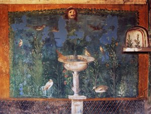 Fresk z fontanną, maską i ptakami, Dom Wenus w muszli, Pompeje, Kampania, Włochy, cywilizacja rzymska autorstwa Roman