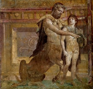 Mitologia grecka: dziecko centaura Chirona i Achillesa. Fresk z bazyliki Herkulanum (Basilica di Ercolano). Sztuka rzymska Neapol, Museo Archeologico Nazionale - mitologia grecka: centaur Chiron i dziecko Achillesa lub edukacja Achillesa C autorstwa Roman