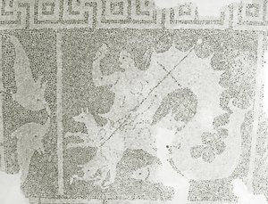 Hellenistyczny kamyk Mozaika Scylla i Charybdis strzegących cieśniny, szczegół Scylla. Dom Dionizosa, Pafos, Cypr mozaika autorstwa Roman