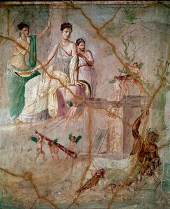 Herakles i Omphale (herkules i Omfale) Rzymski fresk III stylu pompejańskiego z Pompejów (Fresk z Pompejów) 40-60 AD Wymiary 88x103 cm Przechowywany w Narodowym Muzeum Archeologicznym w Neapolu Włochy autorstwa Roman