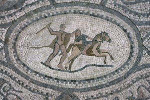 Herkules i królowa Amazonek, z podłogi „Dom Herkulesa” (mozaika) autorstwa Roman
