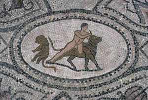 Herkules i byk kreteński, z podłogi "Domu Herkulesa" (mozaika) autorstwa Roman