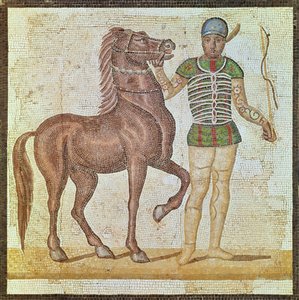 Jeździec na koniu w barwach wyścigowych (mozaika) autorstwa Roman