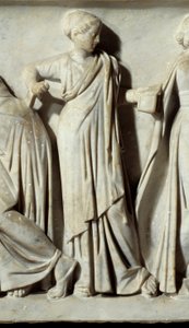 La muse Calliope, fragment Sarcophagus des Muses: przedstawienie muz deesses sztuk i listów. Rzeźba z marmuru. 150 n.e. Paryż, Luwr. autorstwa Roman