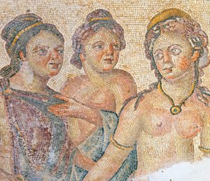 Leda i jej pokojówki, detal z mozaiki Leda i Zeus, Dom Aionu, Pafos, Cypr (mozaika) autorstwa Roman