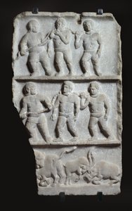 Marmurowa płaskorzeźba z 3 rejestrami: niewolnicy w łańcuchach i zwierzęta, ok.200 AD (marmur) autorstwa Roman