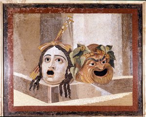 Maska Teatru Rzymskiego. Mozaika z II wieku naszej ery. Z Łazienek Decjusza na Awentynie w Rzymie. Musei capitolini, Rzym autorstwa Roman