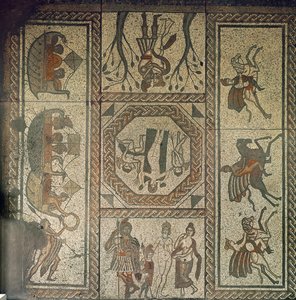 Bruk mozaikowy z rzymskiej willi w Low Ham, ilustrujący historię Dydony i Eneasza z Eneidy Wergiliusza, ok. 350 rne (mozaika) autorstwa Roman