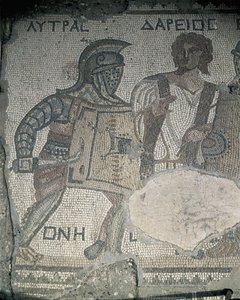 Malowanie dwóch gladiatorów na mozaikowej ścianie, Kourion, Limassol, Cypr autorstwa Roman