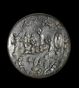 Patere de Parabiago, srebrne naczynie rytualne przedstawiające triumf Attisa (lub Atysa) i Kybele na rydwanie ostrzelanym przez lwy, IV w. Srebro: Średnica: 40 cm. Muzeum Archeologiczne w Mediolanie. - Patera z Parabiago, rytualny srebrny talerz, przedstaw autorstwa Roman