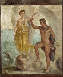 Perseusz wyzwolonej Andromedy. Fresk 98x120cm. Provenant de la Maison des Dioscures (Dom Dioscuri) w Pompejach. 300 ap JC. Narodowe Muzeum Archeologiczne w Neapolu (Musee archeologique de Naples). © Raffael / Leemage autorstwa Roman