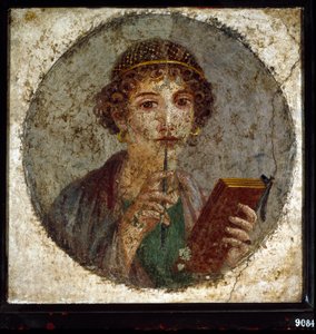 Portret przedstawia safonę (lub safonę) grecką poetkę. Rzymska kobieta z książką i piórem (rysik lub styl), z Pompei, Neapol, Włochy