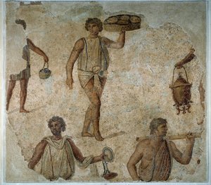 Preparaty do uczty dla dyonizatów: niewolnik serwujący posiłek mozaikowy z Kartaginy. II wiek ok. JC. Paryż, Luwr autorstwa Roman