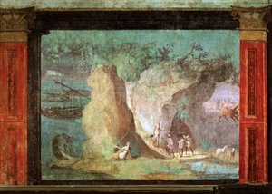 SZTUKA ROMAŃSKA: Scena z Odysei. Odyseusz w pałacu w Crce. Fresk z..., 50-40 p.n.e. (fresk) autorstwa Roman
