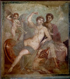 Przedstawienie Aresa i Afrodyty, któremu towarzyszy miłość do zabawy z bronią boga. Fresk z Villa de Mars i Wenus w Pompejach. I wne. Muzeum Archeologiczne w Neapolu - Sztuka rzymska: Ares, Afrodyta i Eros. Afrodyta (Wenus) rec autorstwa Roman