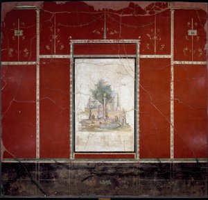 Sztuka rzymska: „”Pejzaż bukoliczny i sakralny”” Fresk przypisywany mistrzowi z Amando. od Boscotrecase, willa Agrippa Postumo. I wiek. Wymiary 153x98 cm Neapol, Narodowe Muzeum Archeologiczne autorstwa Roman