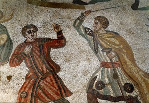 Sztuka rzymska: detal mozaiki „Wielkie polowanie” Rzymski arystokrata karze jednego ze swoich niewolników kijem. 315-350 n.e. Piazza Armerina, Villa Romana del Casale autorstwa Roman