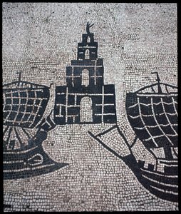 Sztuka rzymska: „Latarnia morska i statki” Mozaika Corporation des gens de la mer, Place des Corporations autorstwa Roman