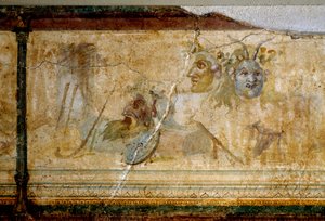 Sztuka rzymska: „Martwa natura z maskami teatralnymi” Szczegół. Fresk ok. 25-19 pne Wymiary 23 cm Rzym, Narodowe Muzeum Rzymskie (lub Terme) autorstwa Roman