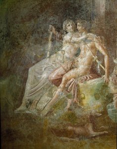 Sztuka rzymska: „”Venus et Mars””” Fresk z domu gitarzysty w Pompejach. Trzeci styl. Ciemny. 253x150 cm Museo Archeologico Nazionale, Neapol autorstwa Roman
