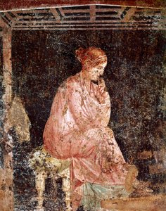 Sztuka rzymska: „”Młoda kobieta siedząca”” (Siedząca młoda dama) Rzymski fresk III stylu pompejańskiego z Pompei (fresk z Pompei) 40-60 AD. autorstwa Roman